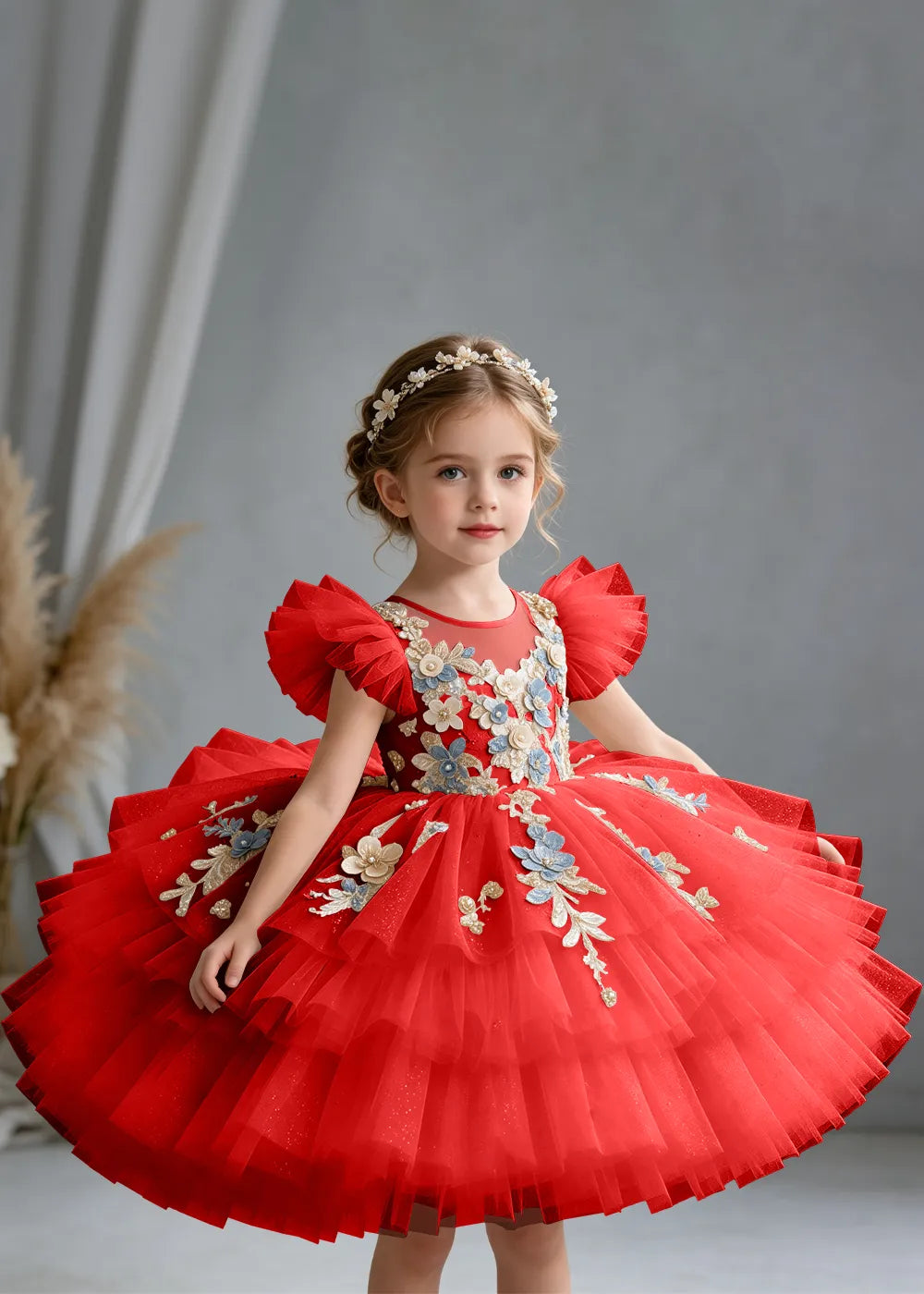 Flower girl dress in Red, front view.