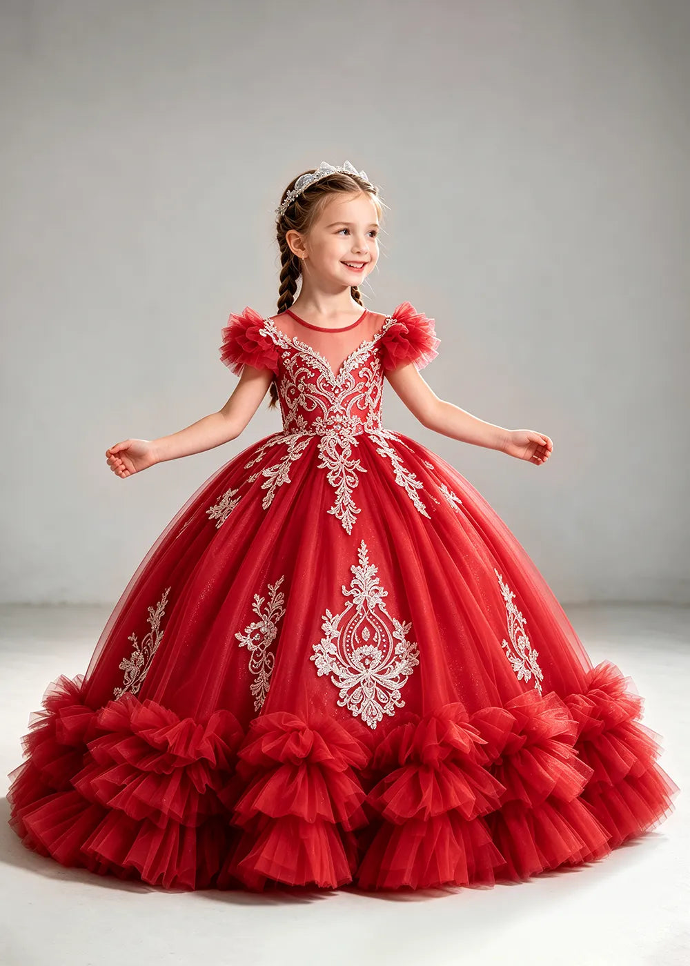 Navy Flower Girl Ball Gown with White Floral Appliqués
