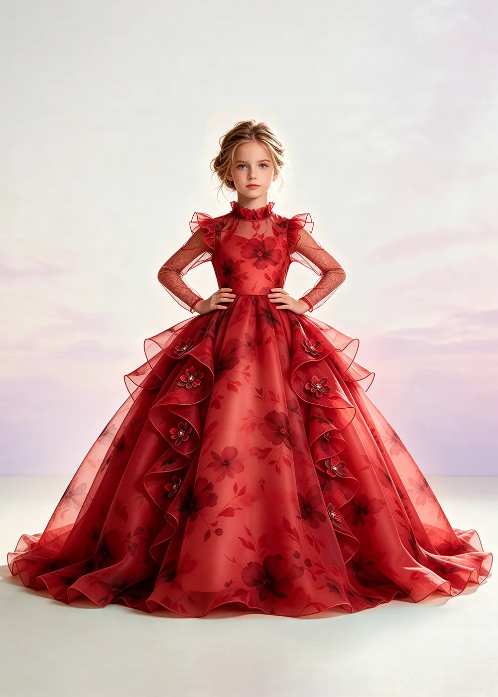 Navy Blue Floral Ruffle-Collar Flower Girl Dress