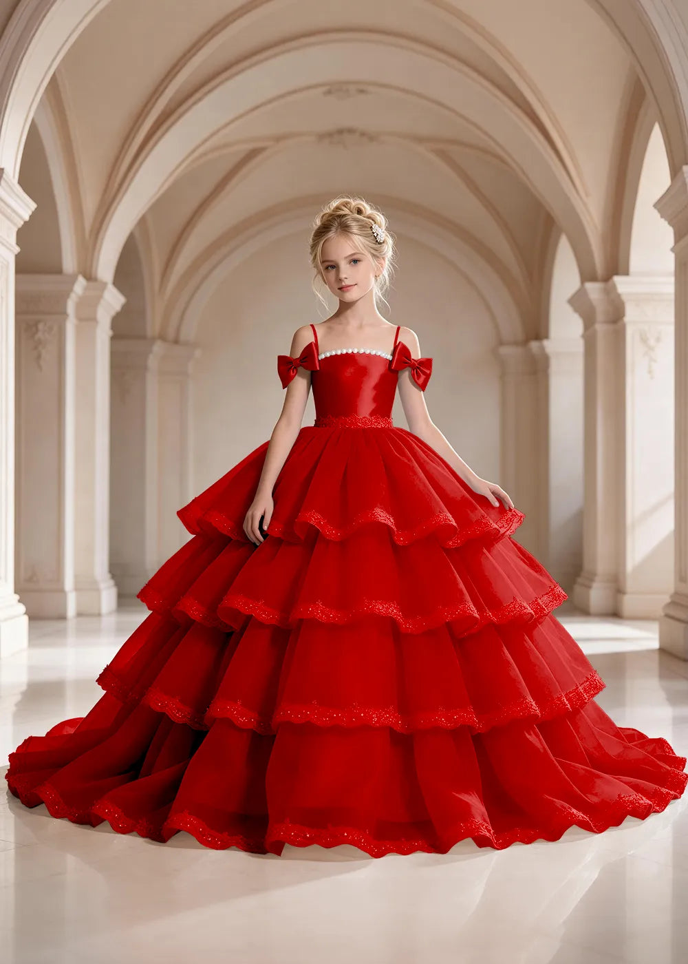 Navy Blue Four-Tier Bow-Shoulder Flower Girl Dress
