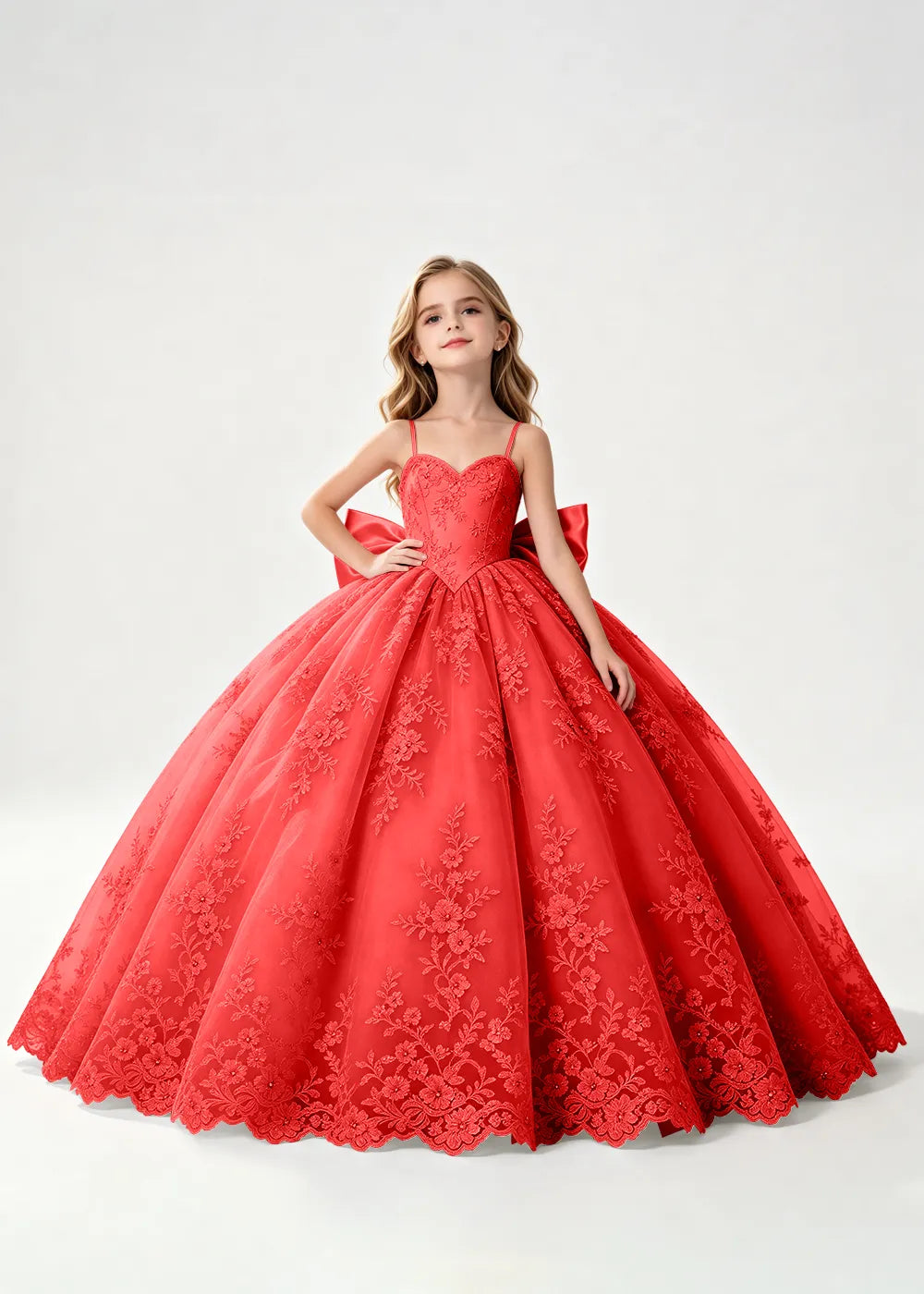 Flower girl dress in Red, front view.