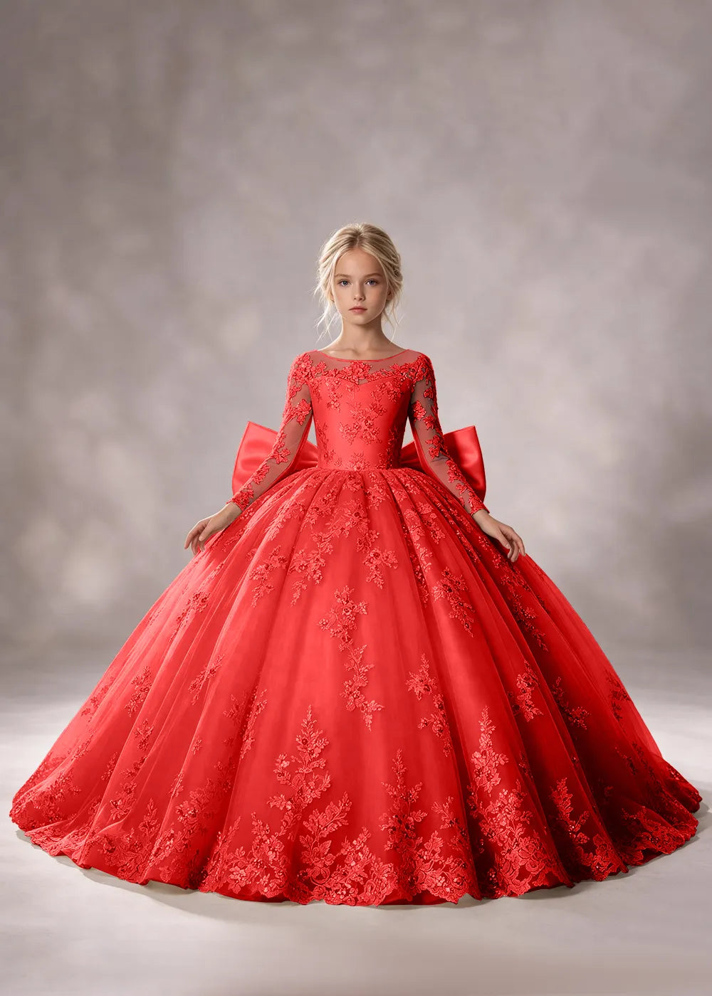 Flower girl dress in Red, front view.