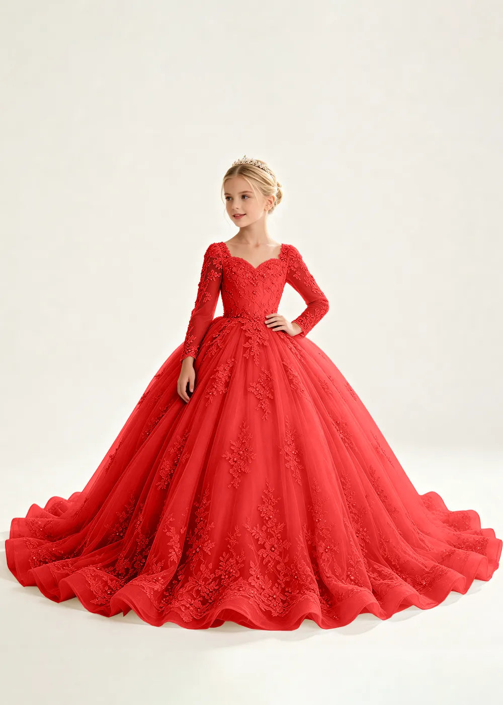 Navy Floral Flower Girl Gown with Long Sleeves