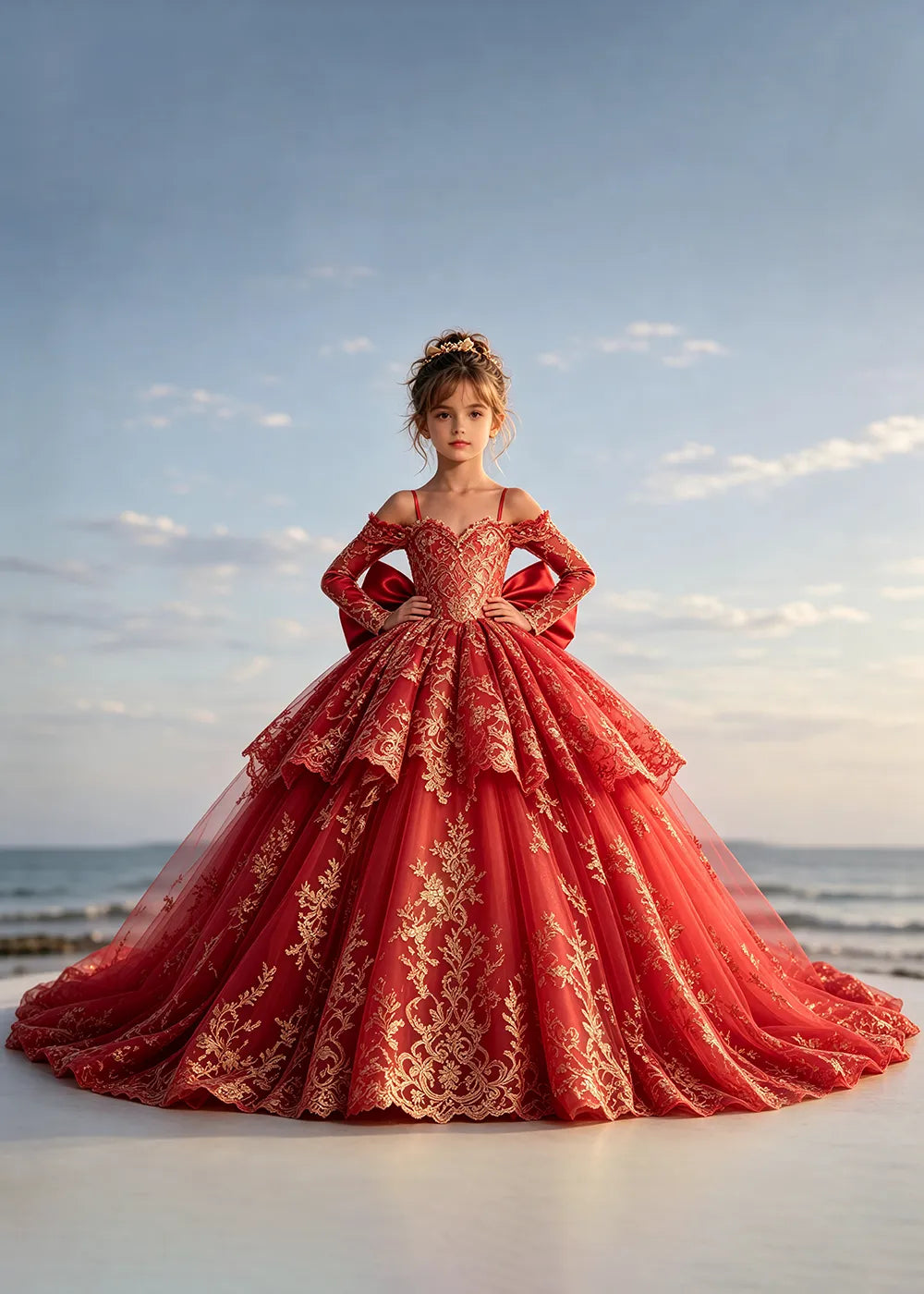 Navy Blue Lace Flower Girl Gown with Peplum and Trailing Satin Bow