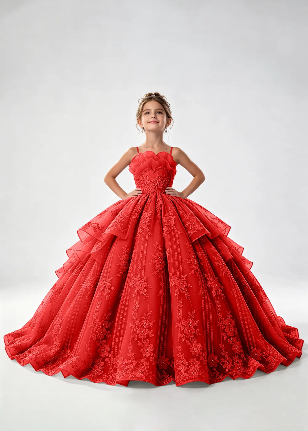 Flower girl dress in Red, front view.