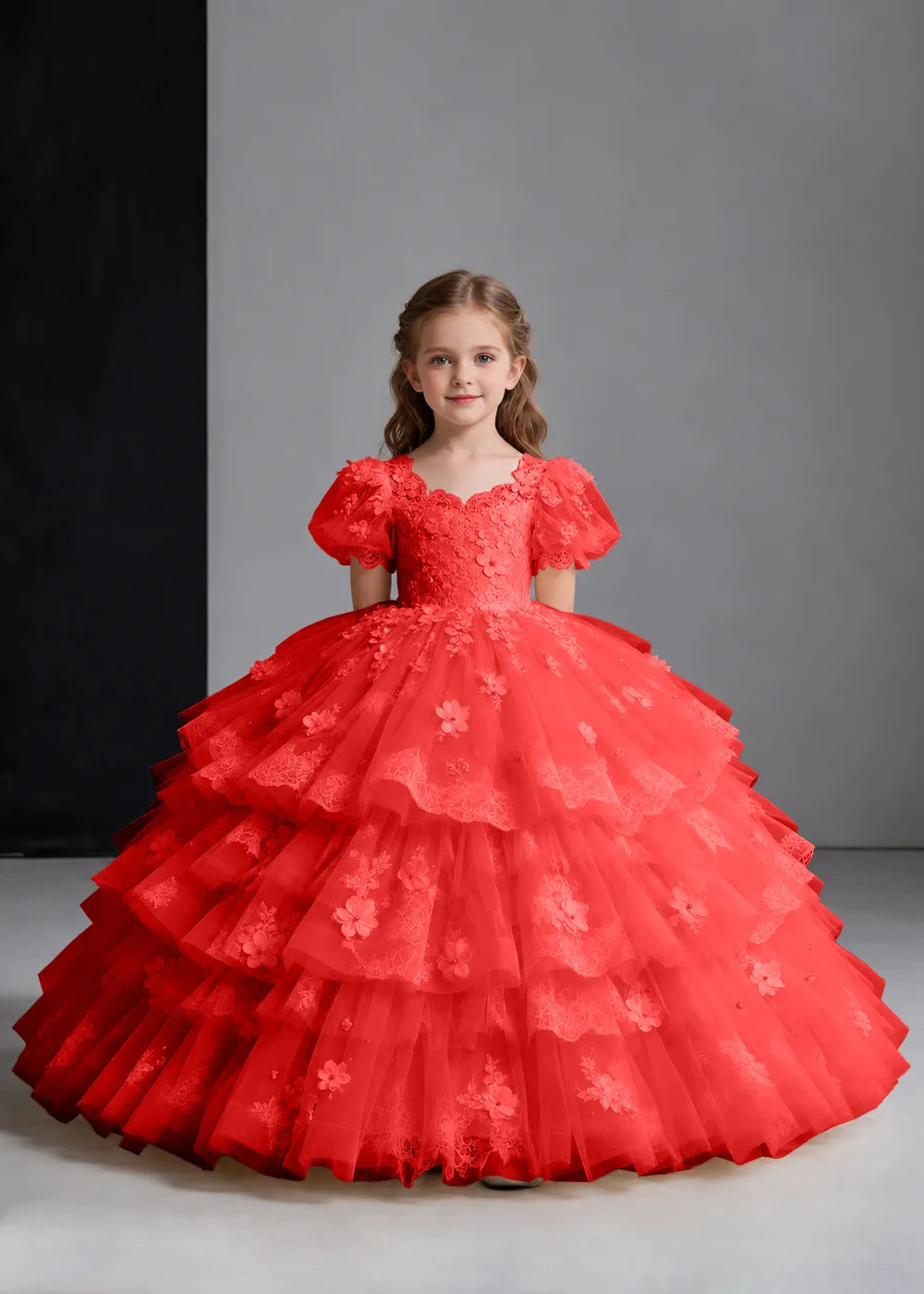 Flower girl dress in Red, front view.