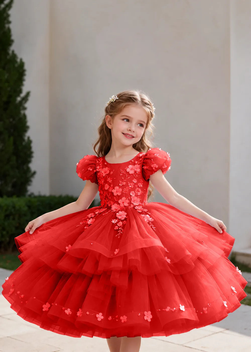 Pink Flower Girl Dress with Floral Trails and Ruffled Hem