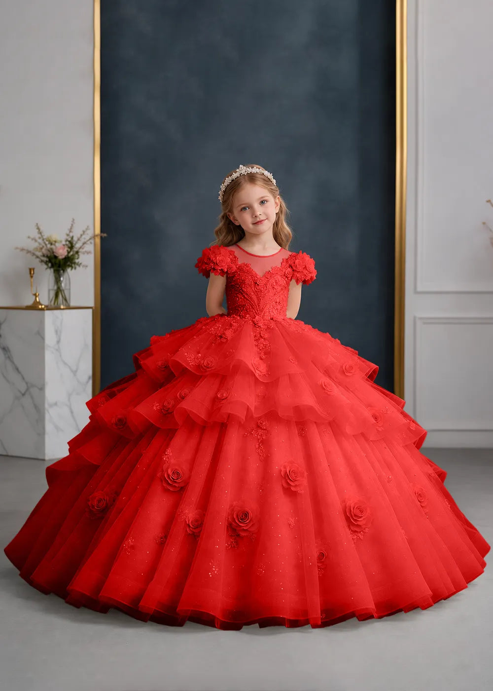Navy Blue Flower Girl Gown with Floral Cap Sleeves and Rose Ruffles