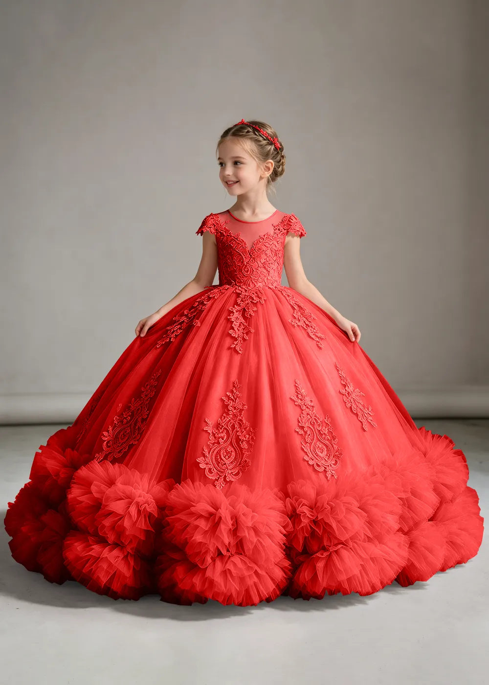 Navy Flower Girl Ball Gown with Floral Bodice and Ruffle Hem