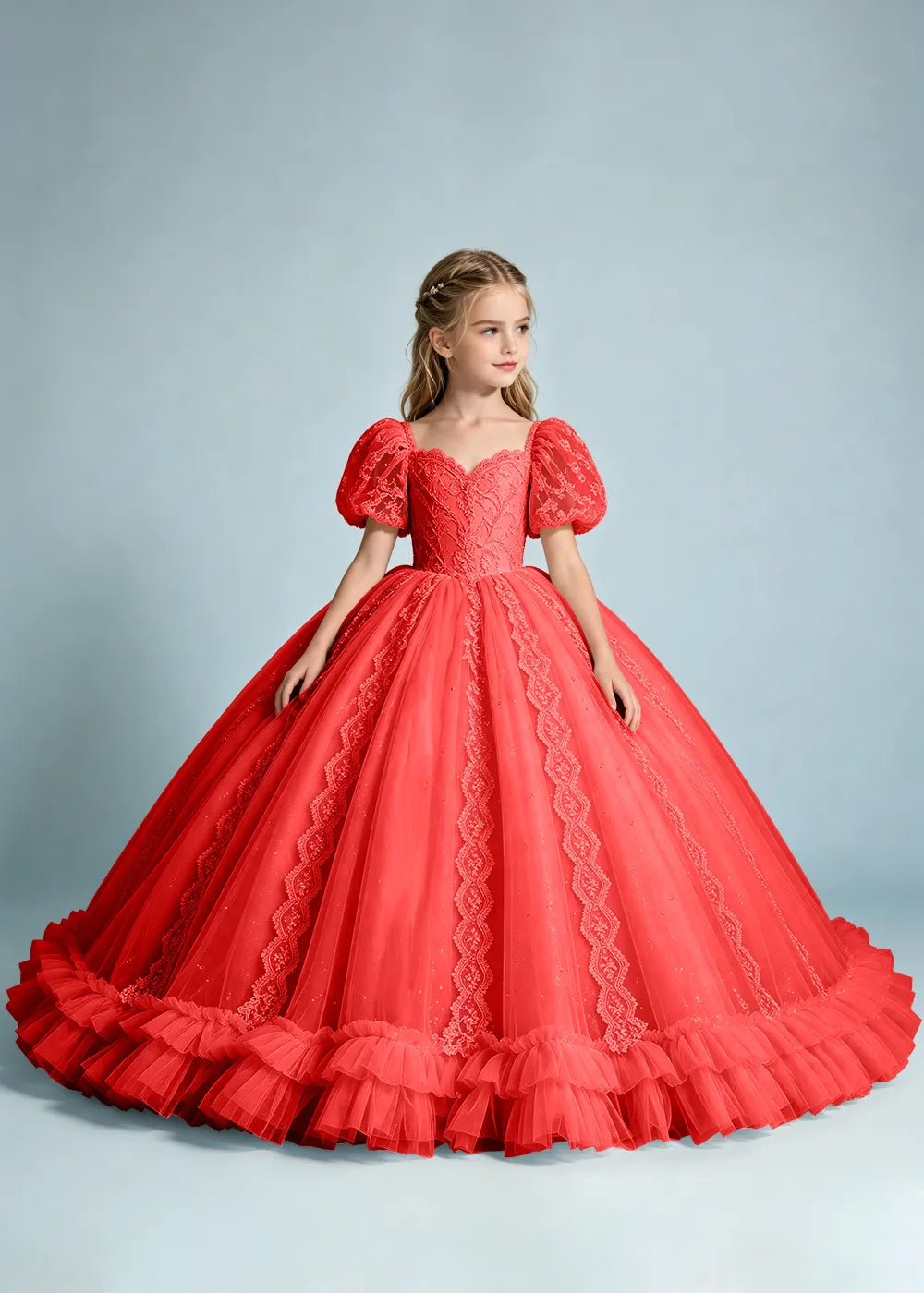 Navy Flower Girl Gown with Lace Puff Sleeves and Ruffled Hem