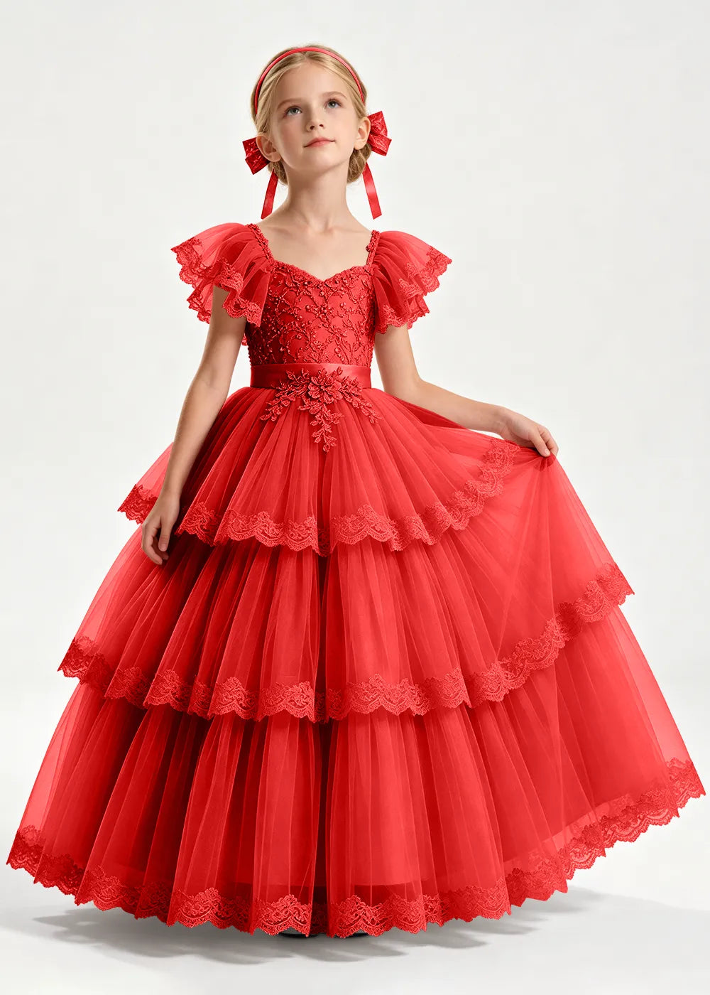 Navy Flower Girl Ball Gown with Three Lace-Edged Tiers