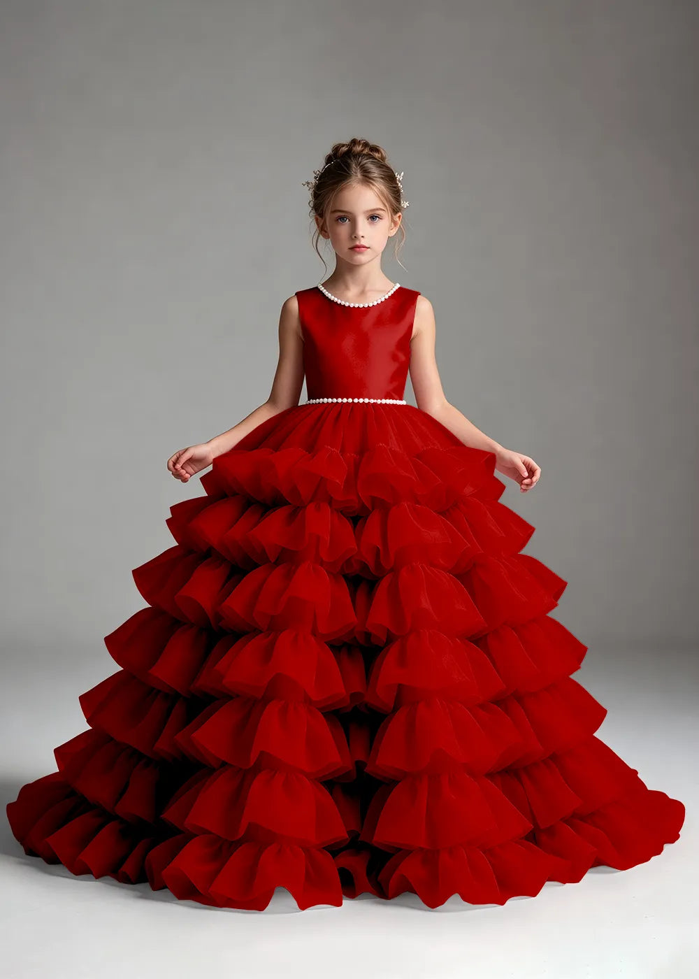 Royal Blue Pearl-Trimmed Tiered Ruffle Flower Girl Dress