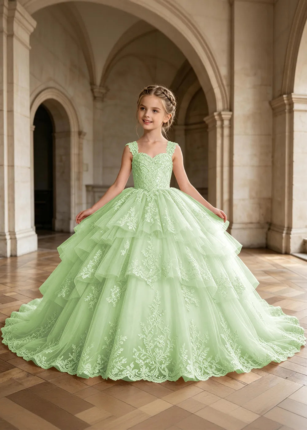 Tiered Lace Sleeveless Flower Girl Ball Gown Dress