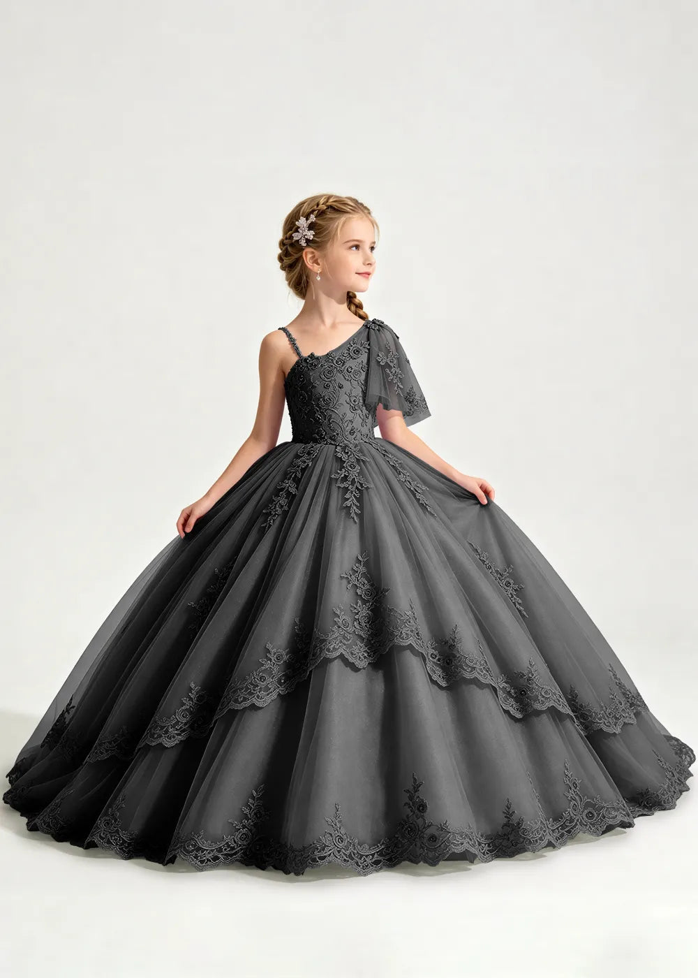 One-Shoulder Floral Lace Princess Dress for Girls