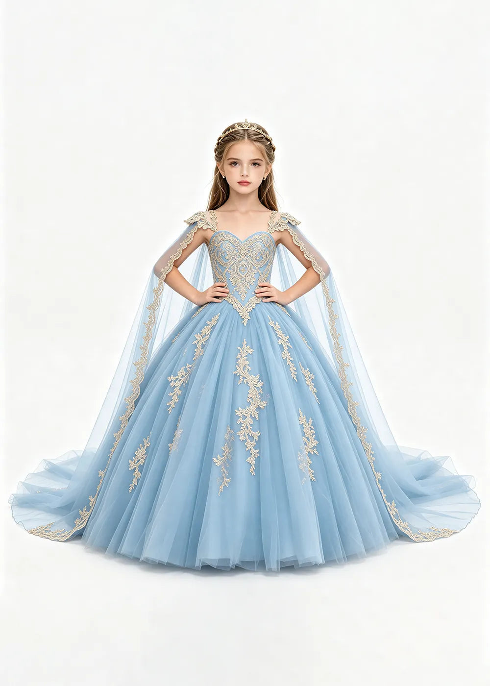 Gold Appliqué Cape Princess Dress for Girls