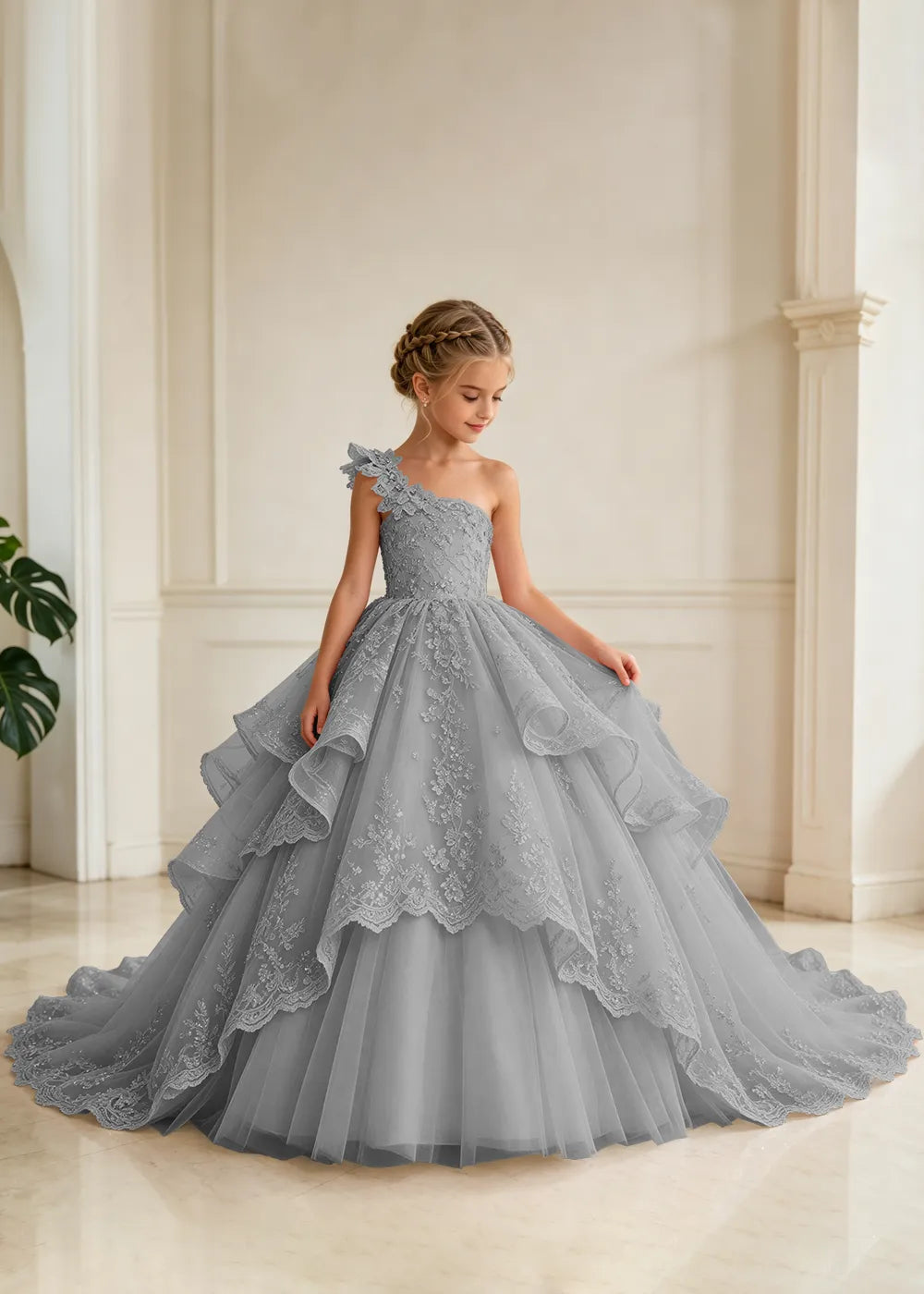 Floral Strap Tiered Lace Princess Dress for Girls