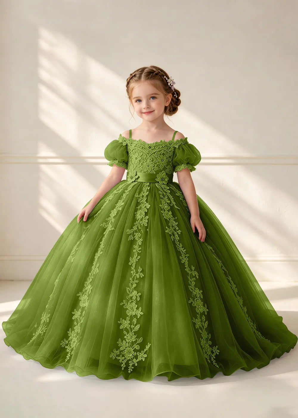 Puff Sleeve Floral Lace Flower Girl Ball Gown Dress