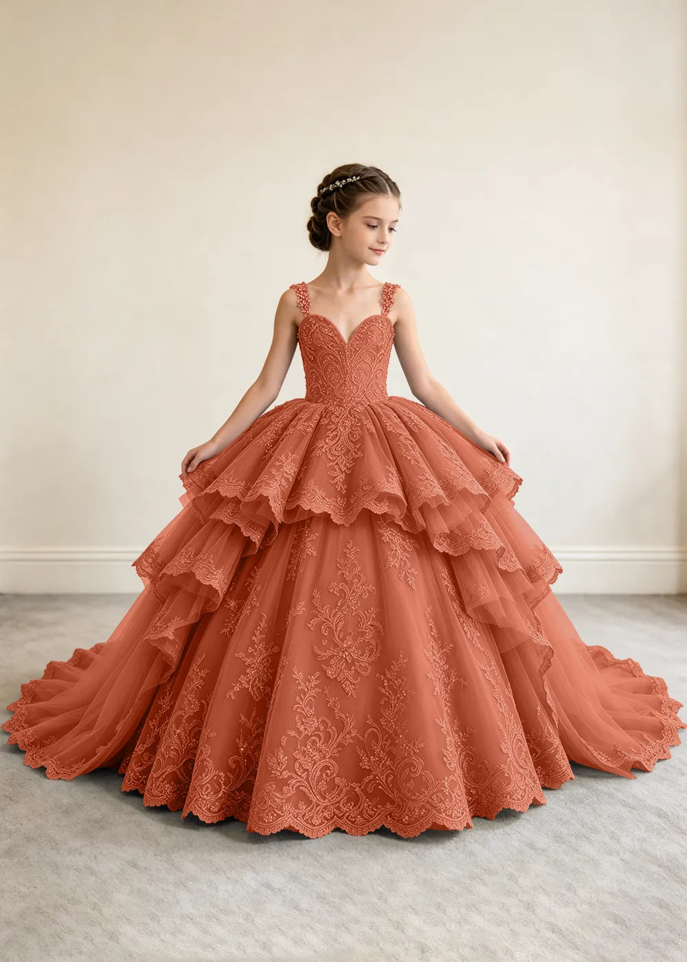 V-Neck Tiered Lace Princess Dress for Girls