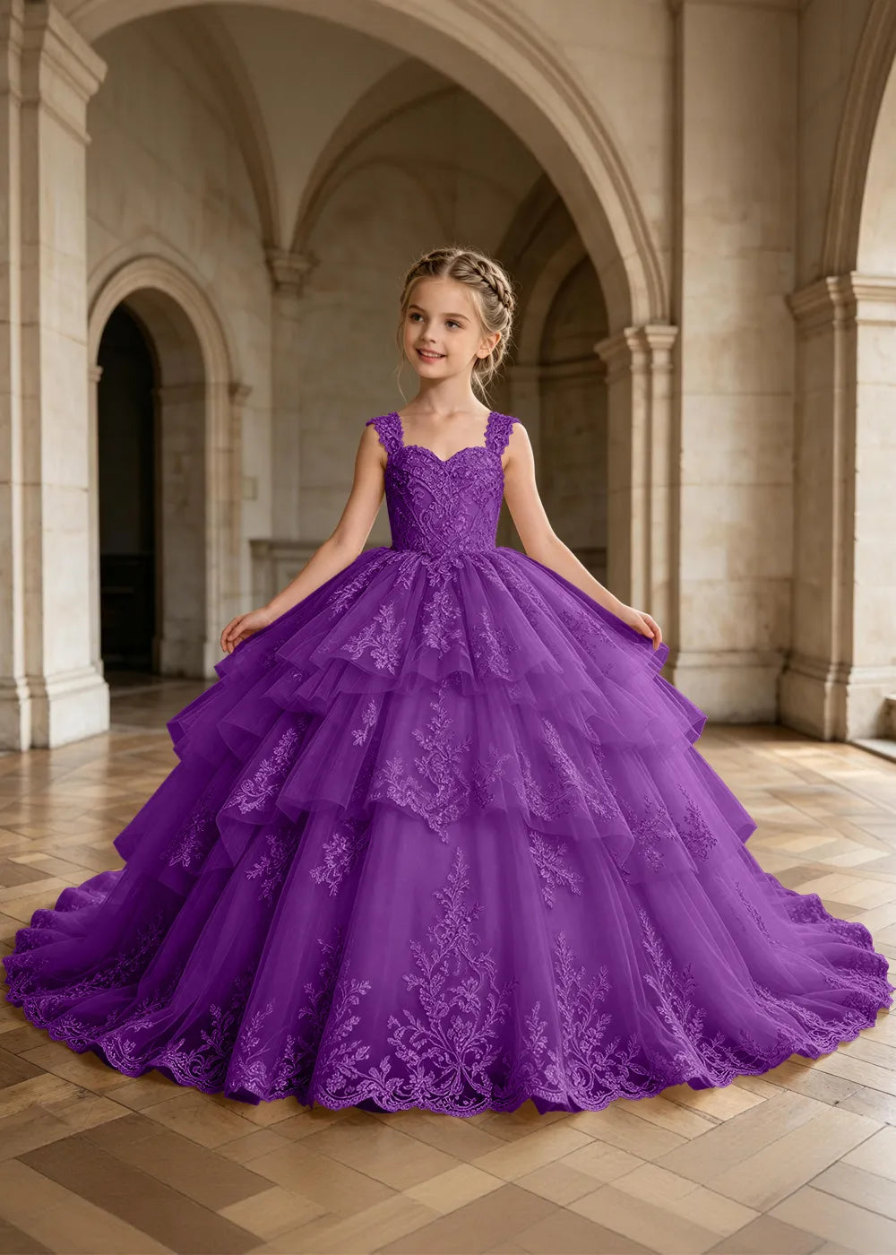 Tiered Lace Sleeveless Flower Girl Ball Gown Dress