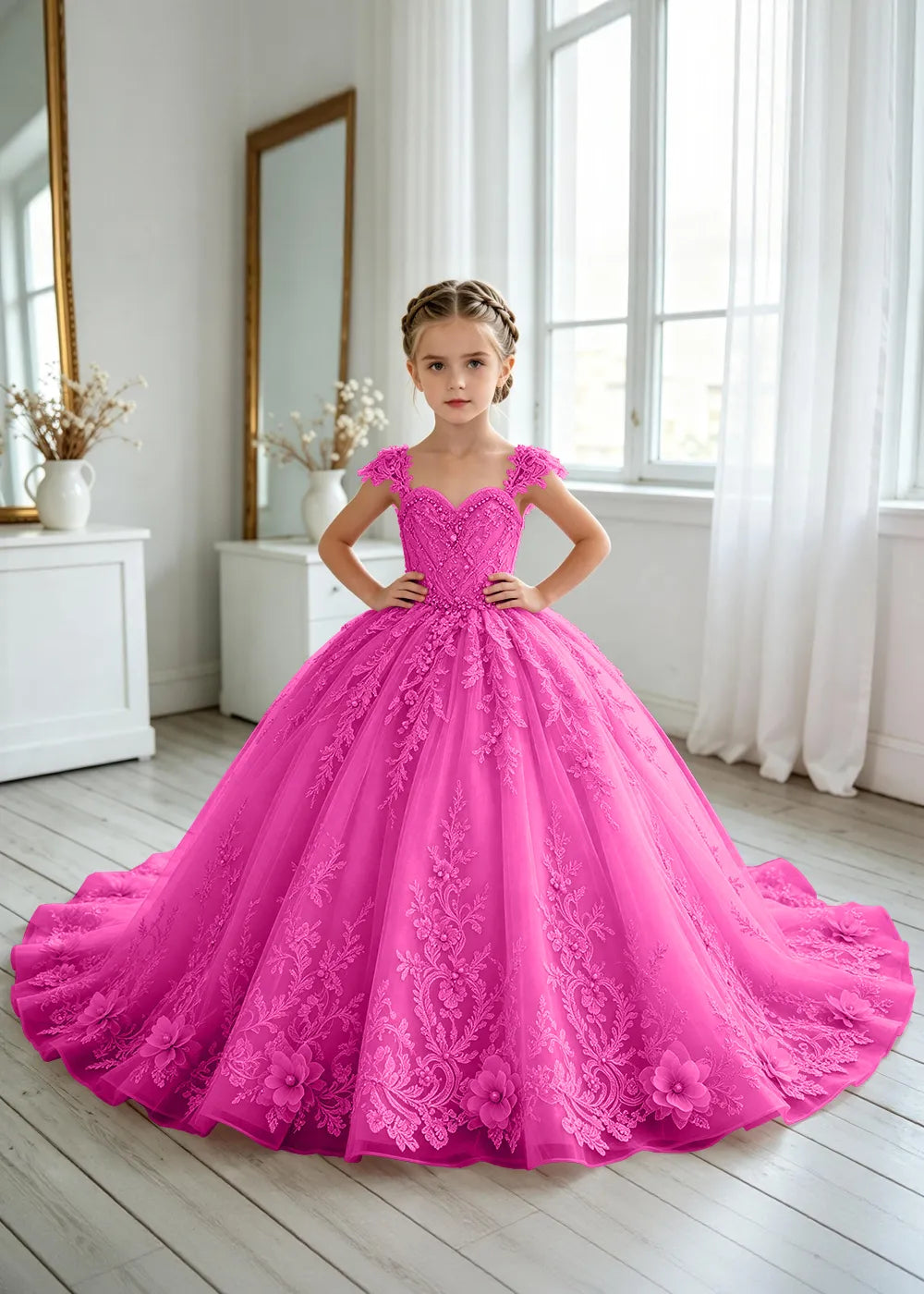 Floral V-Neck Lace Flower Girl Ball Gown Dress
