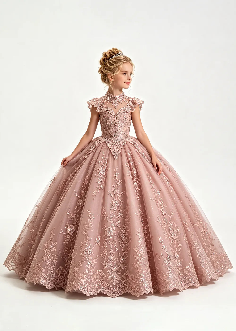 Pale Silver-Gray Blue Flower Girl Ball Gown with High Floral Collar