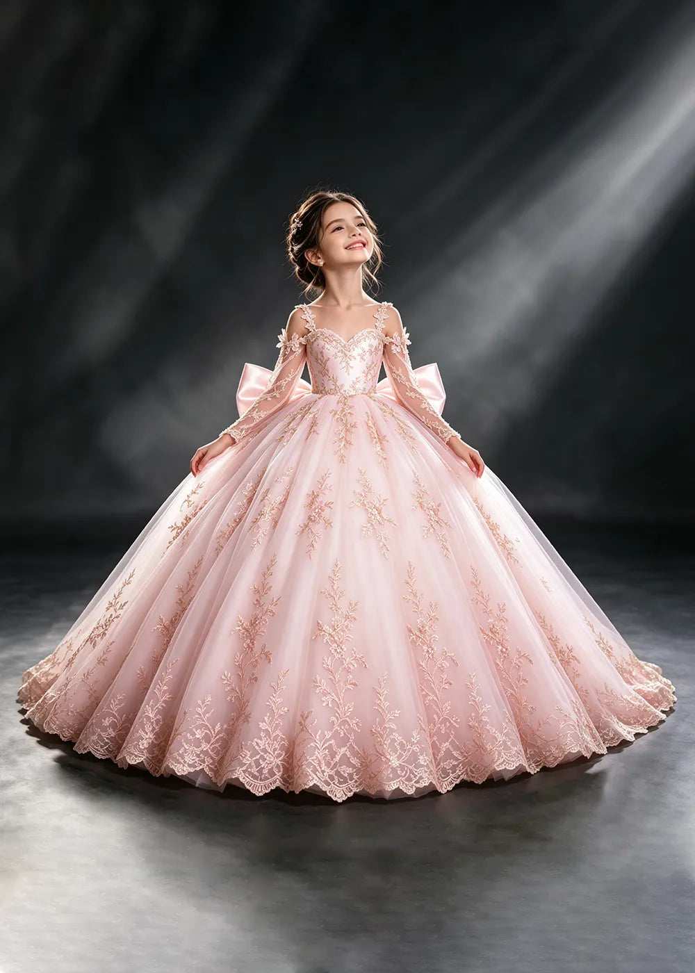 Ivory Gold Lace Flower Girl Dress with Floral Straps and Satin Bow