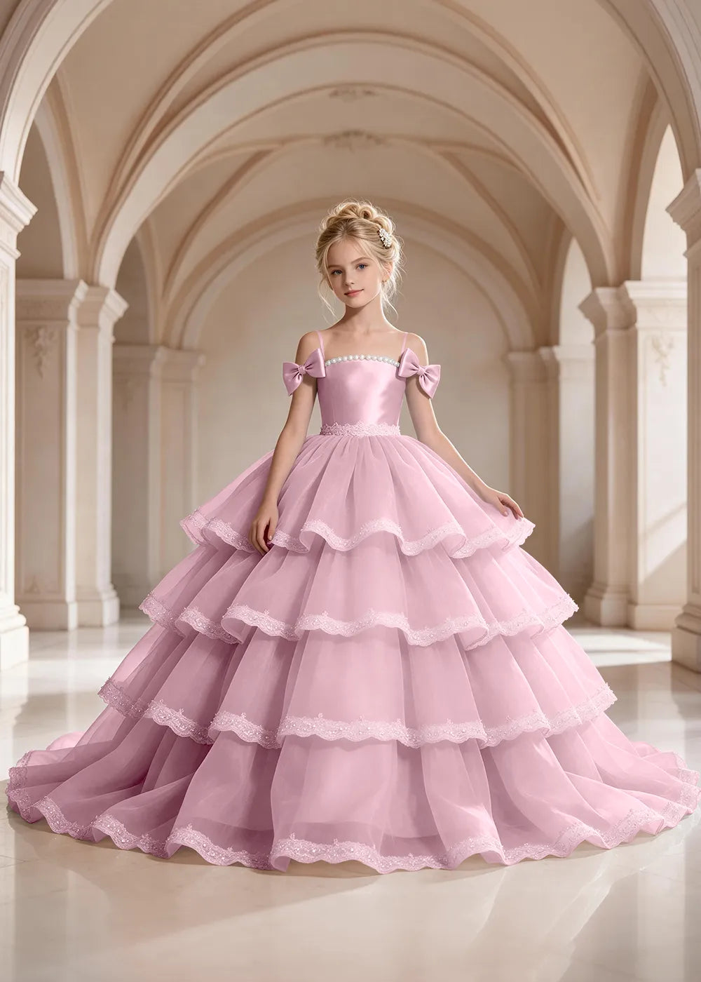 Light Blue Four-Tier Bow-Shoulder Flower Girl Dress