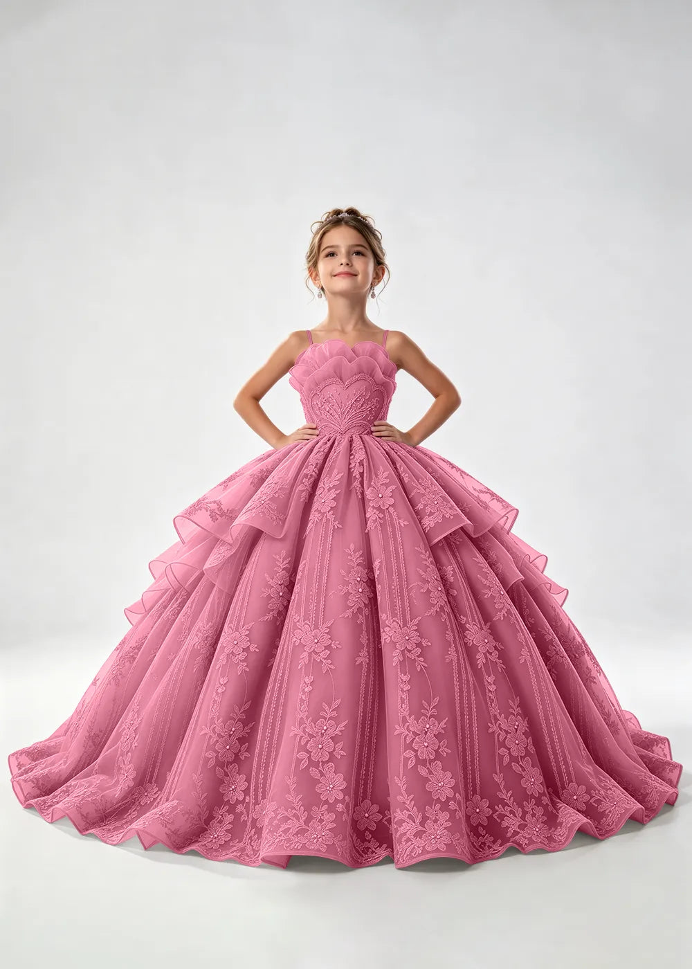 Flower girl dress in Rose Pink, front view.
