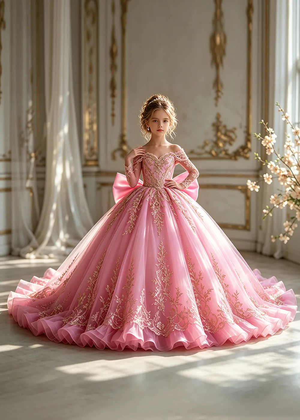 Off-Shoulder Sequin Lace Flower Girl Dress with Bow and Flounced Hem