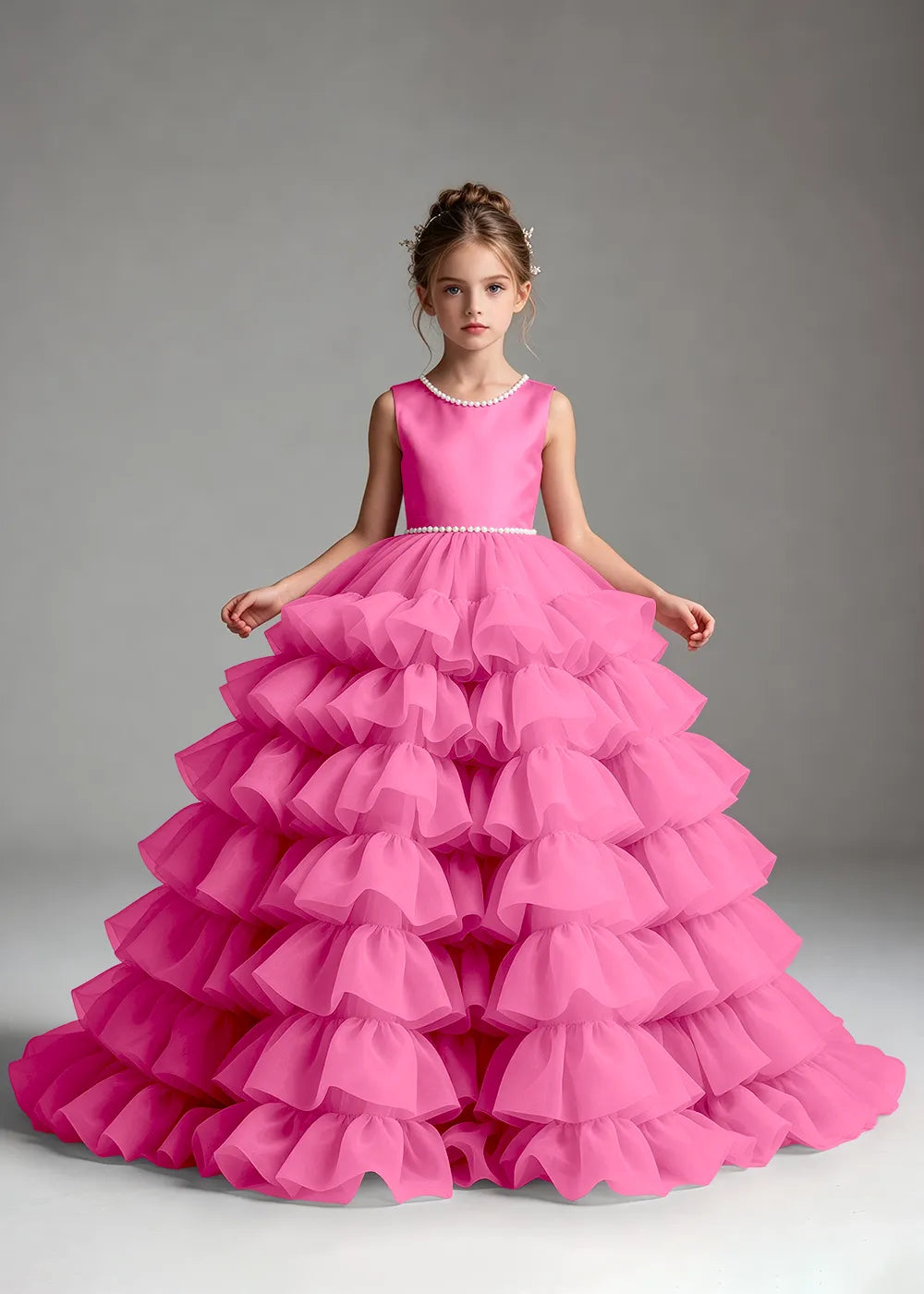 Pink Pearl-Trimmed Tiered Ruffle Flower Girl Dress