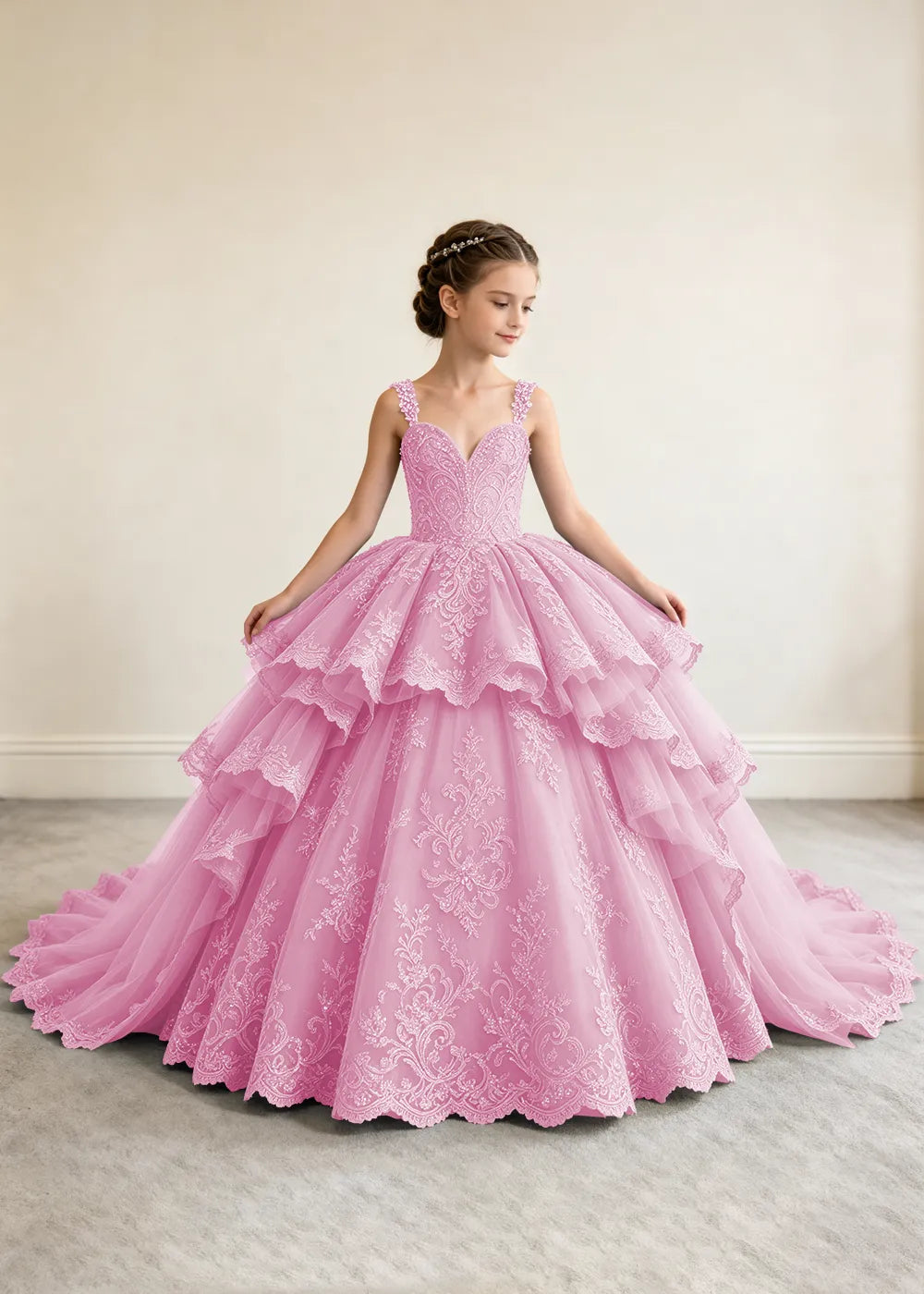 V-Neck Tiered Lace Princess Dress for Girls