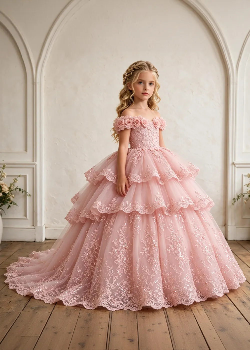Off Shoulder Tiered Lace Flower Girl Ball Gown Dress
