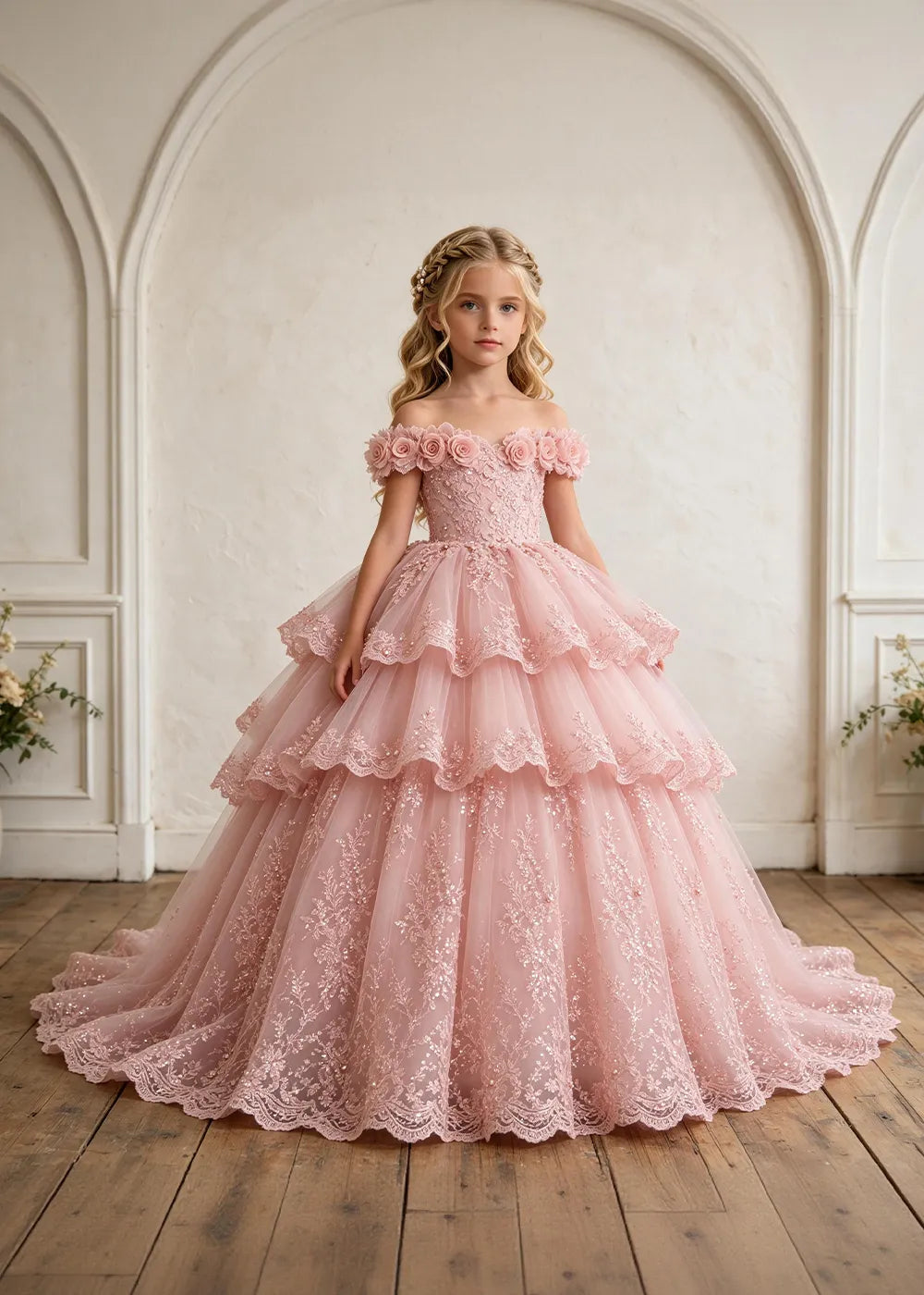 Off Shoulder Tiered Lace Flower Girl Ball Gown Dress