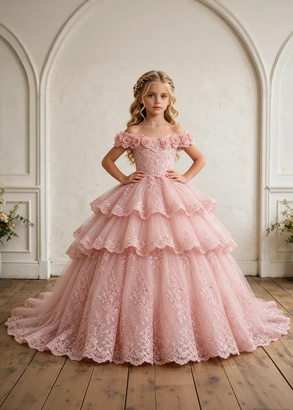 Off Shoulder Tiered Lace Flower Girl Ball Gown Dress