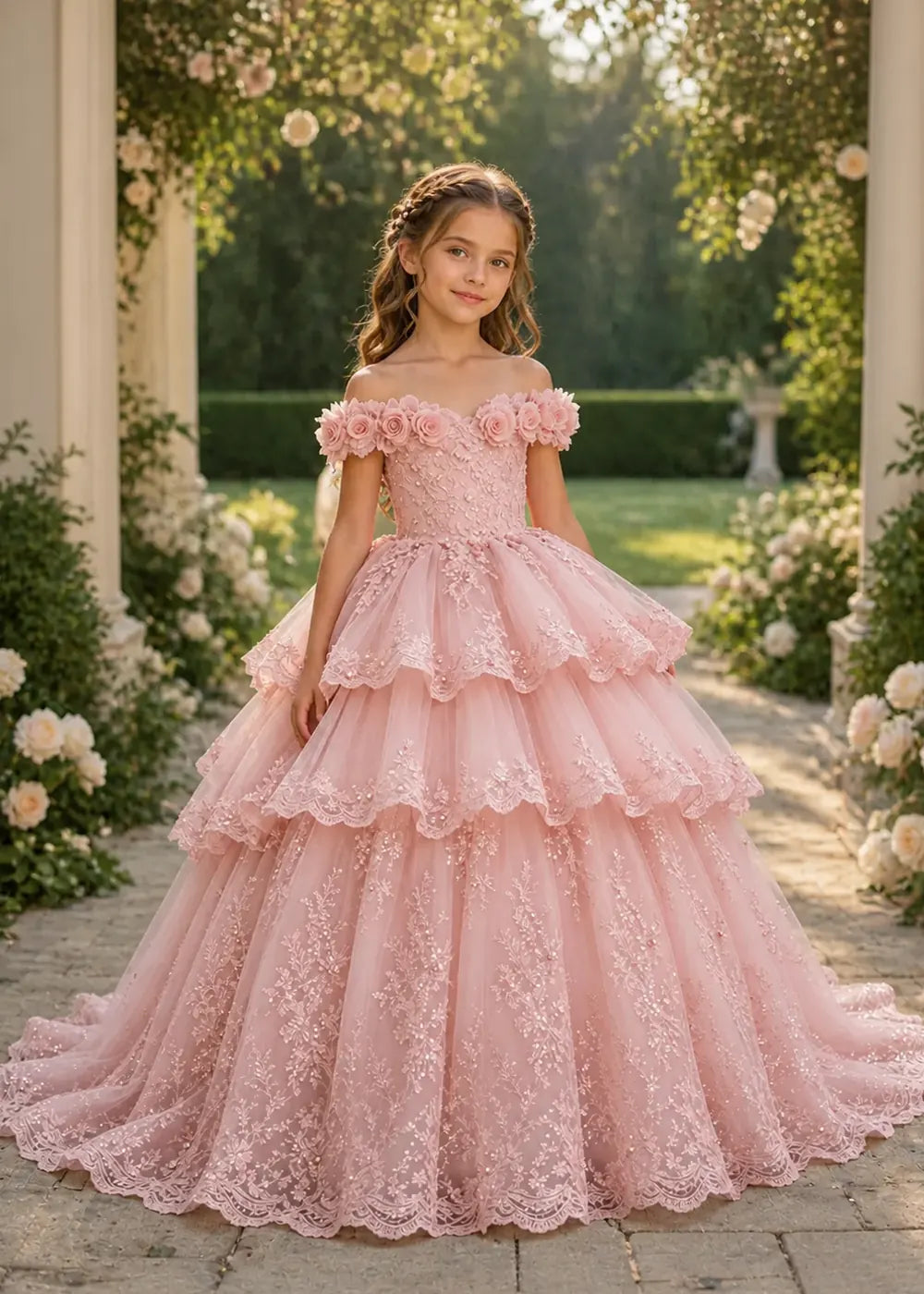 Off Shoulder Tiered Lace Flower Girl Ball Gown Dress