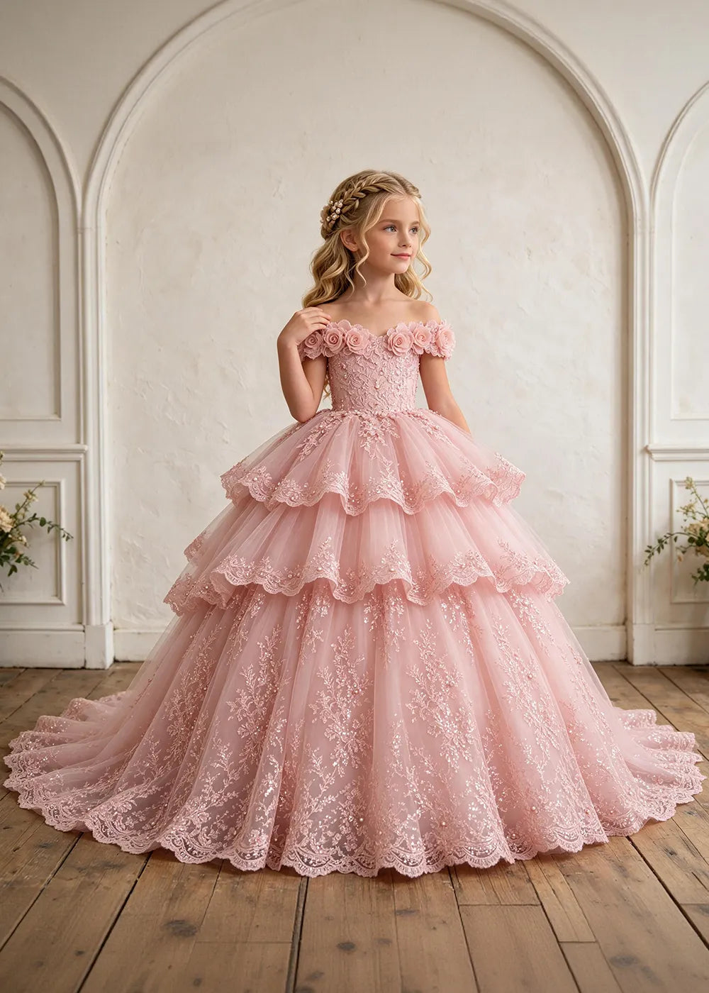 Off Shoulder Tiered Lace Flower Girl Ball Gown Dress