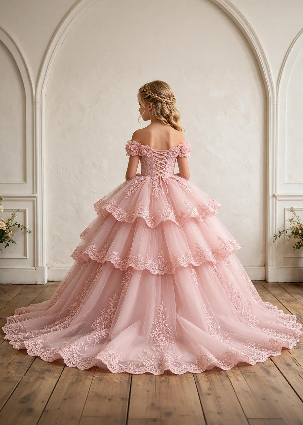 Off Shoulder Floral Lace Princess Ball Gown for Girls
