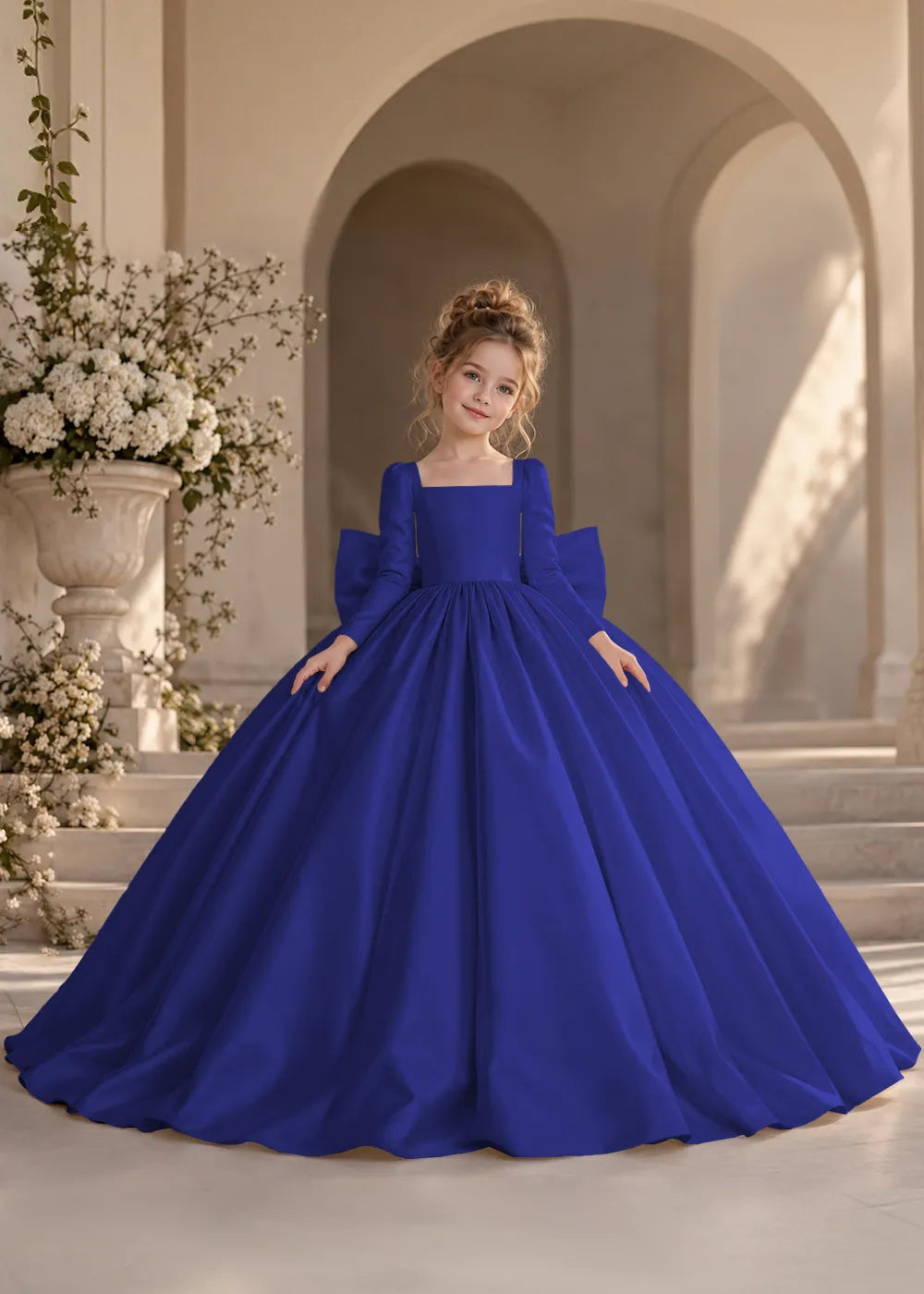 Dusty Blue Long-Sleeve Flower Girl Dress with a Full Skirt and Bow