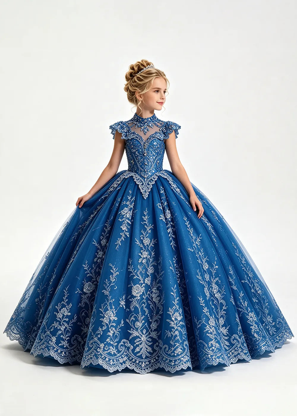Navy Flower Girl Ball Gown with High Floral Collar