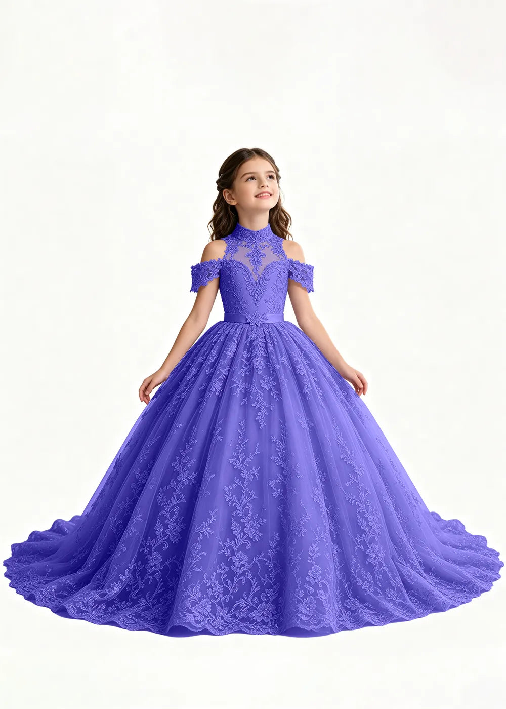 Navy Floral Flower Girl Gown with Open Shoulders