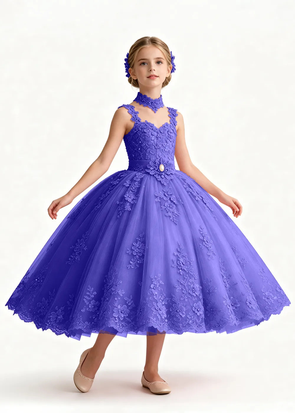 Navy Tea-Length Flower Girl Gown with Floral Neck Band