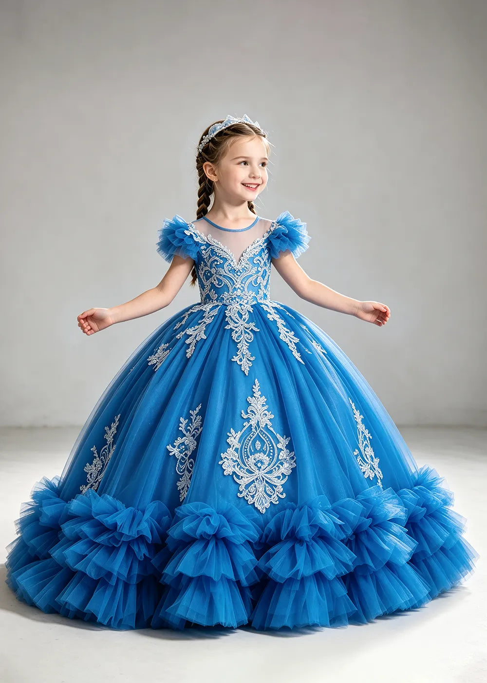 Navy Flower Girl Ball Gown with White Floral Appliqués