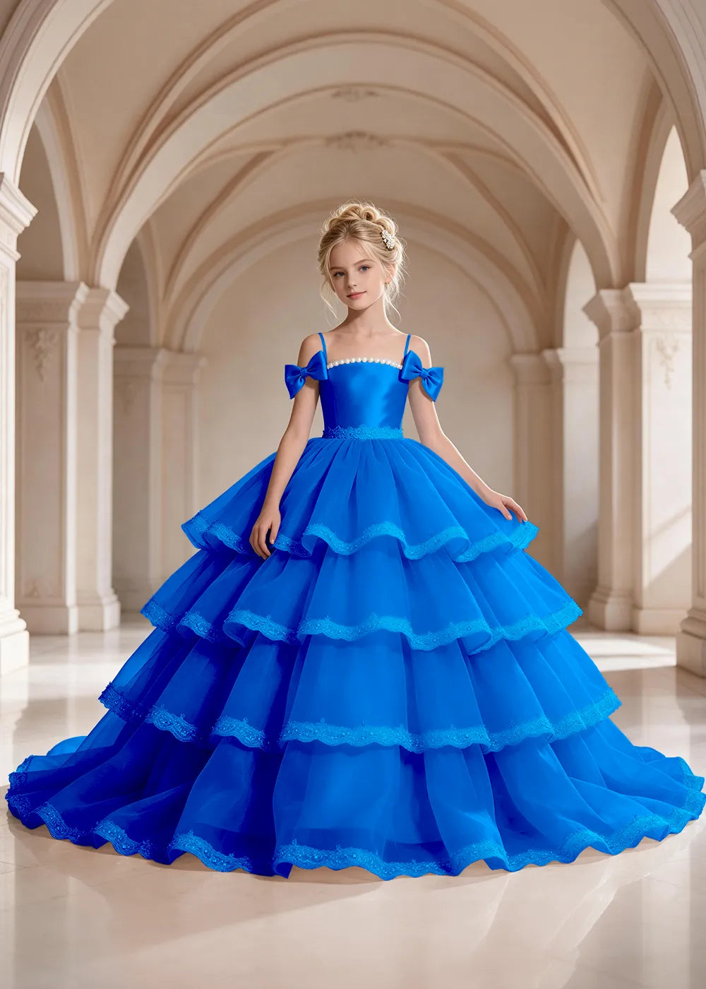 Navy Blue Four-Tier Bow-Shoulder Flower Girl Dress