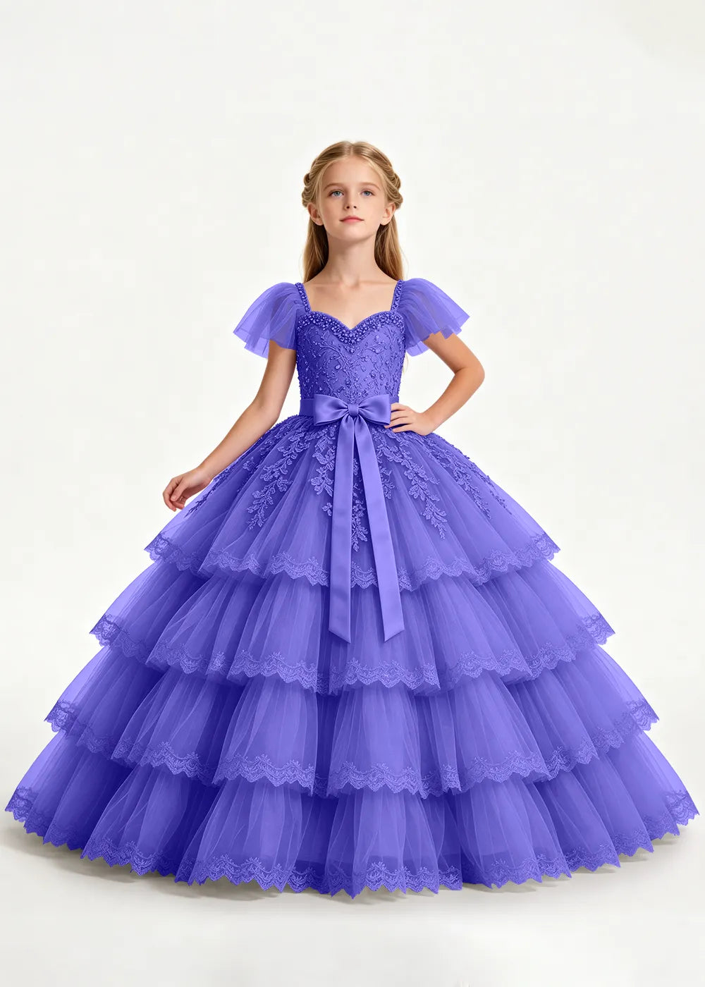 Navy Four-Tier Flower Girl Gown with Front Bow