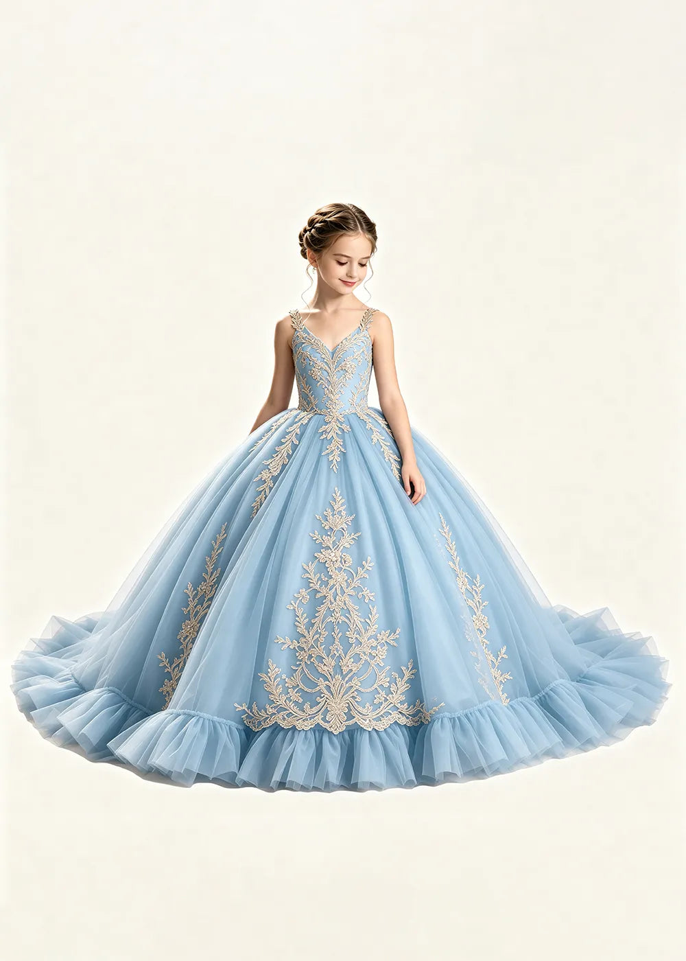 Gold Appliqué V-Neck Flower Girl Ball Gown Dress