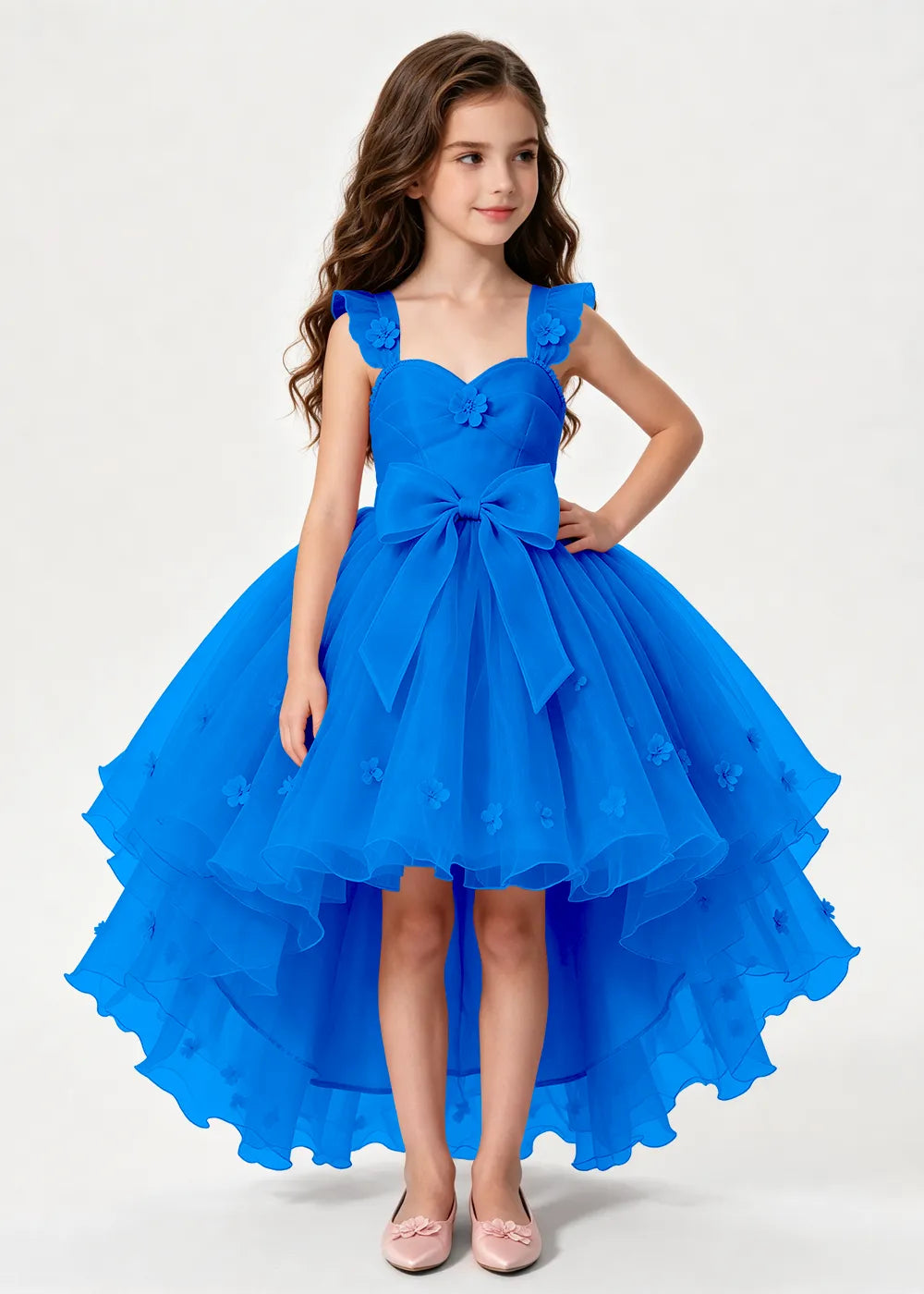 Navy High-Low Flower Girl Gown with Large Front Bow