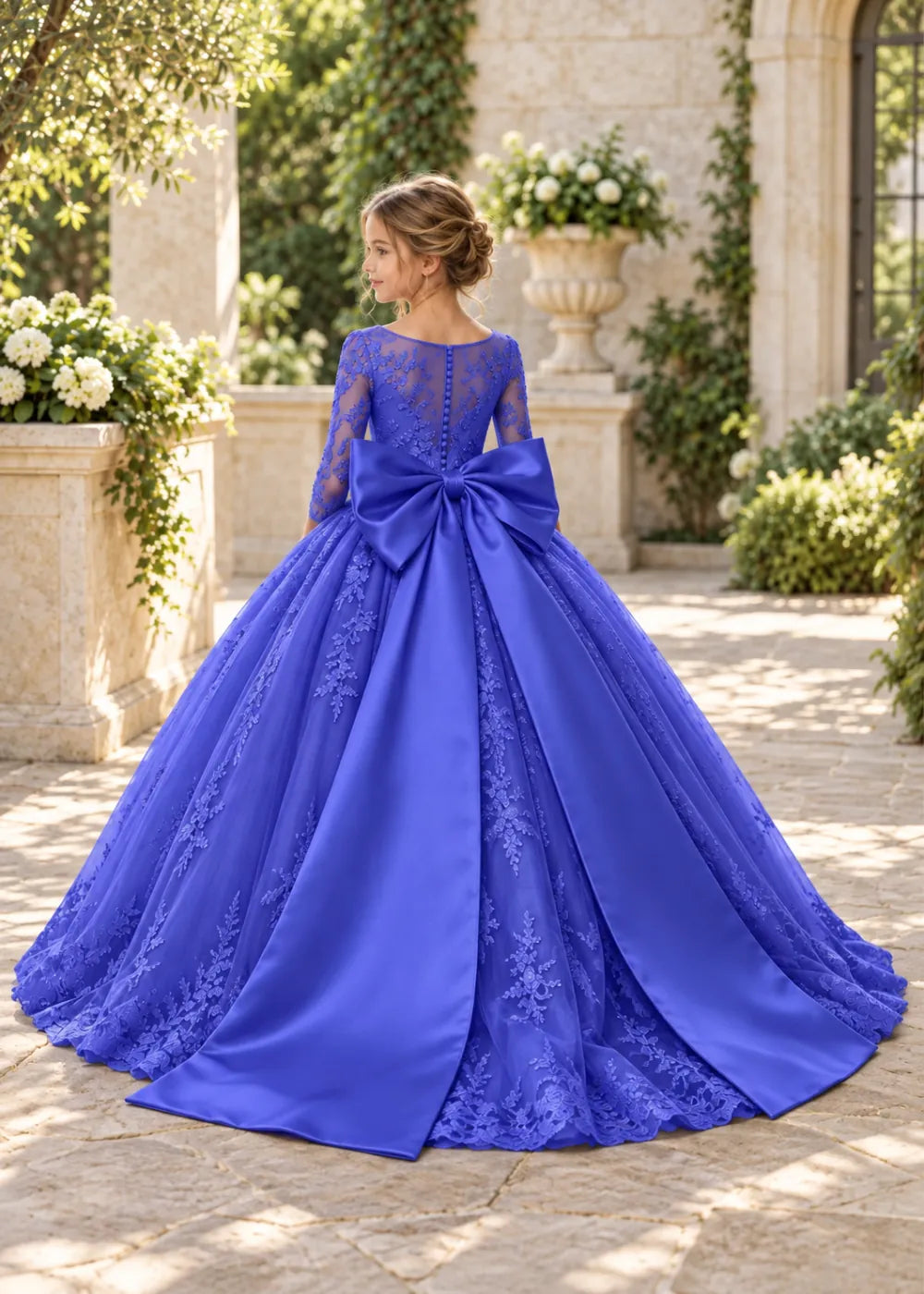 Flower girl dress in Royal Blue, back view.