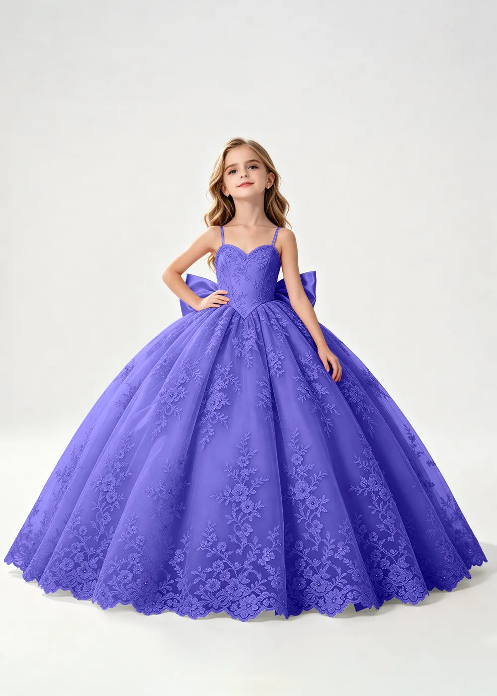 Flower girl dress in Royal Blue, front view.
