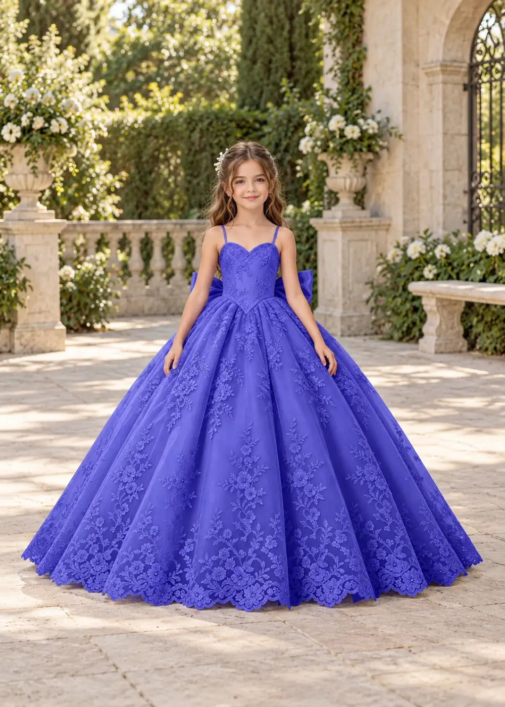 Flower girl dress in Royal Blue, front view.