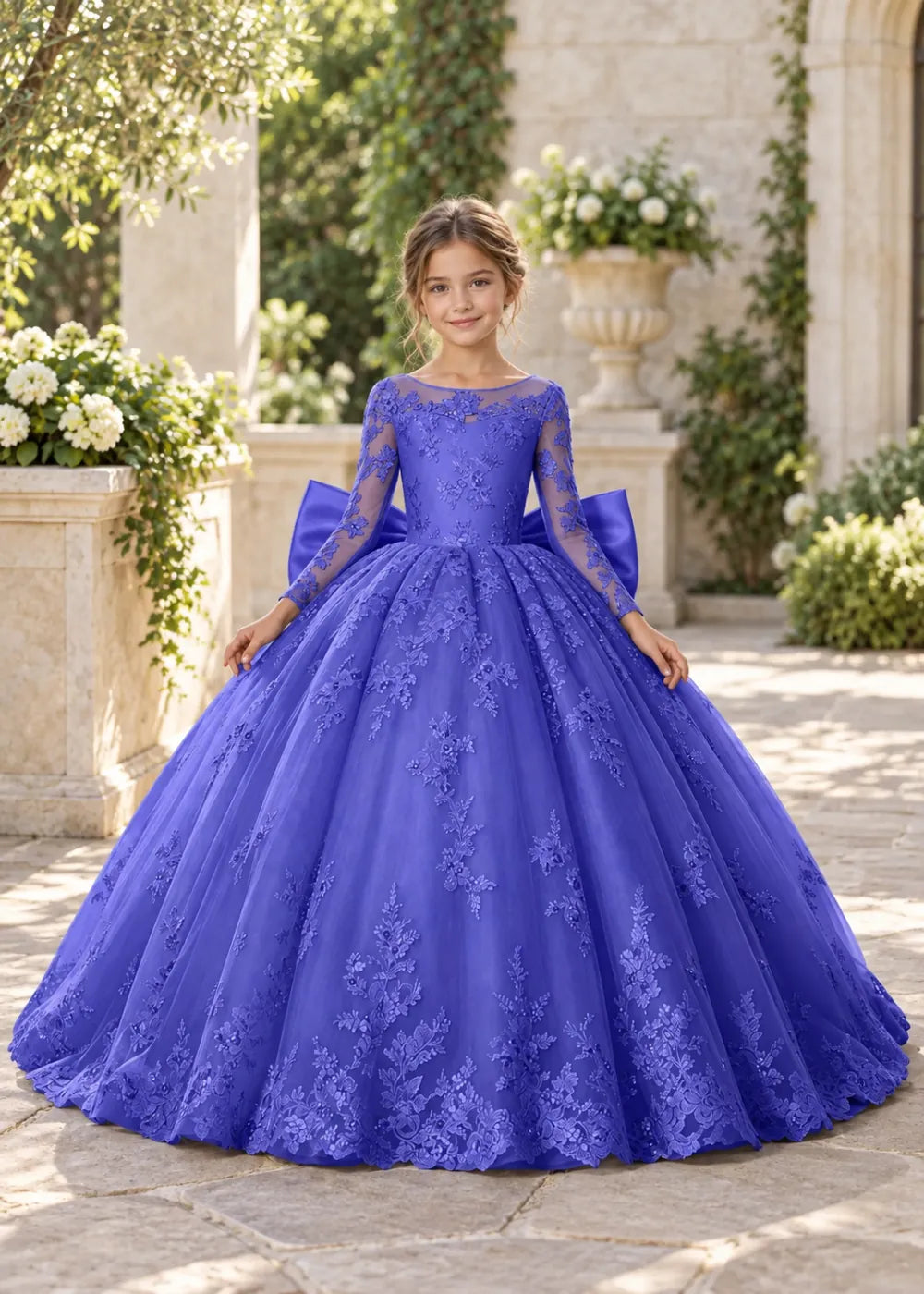 Flower girl dress in Royal Blue, front view.